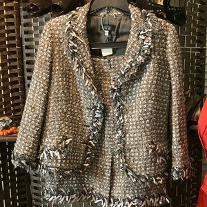 Teri Jon Rickie Freeman gray and pink tweed skirt suit size 10